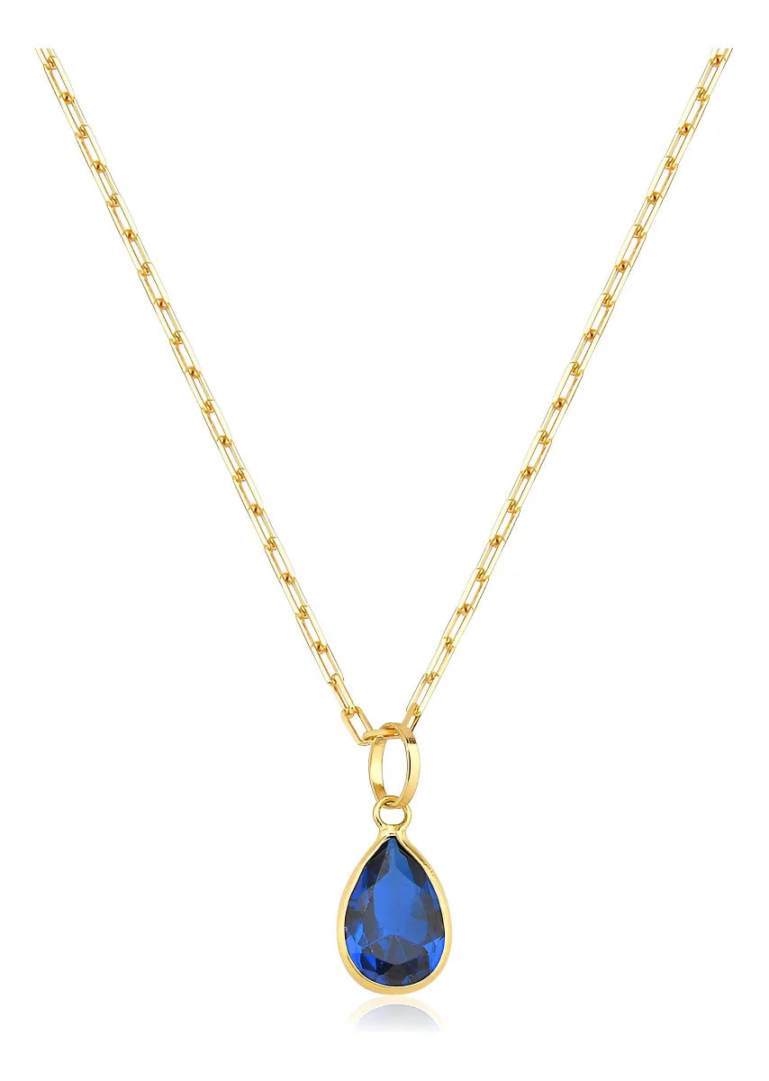 Colar De Ouro 18k Elos Longos Com Ponto De Luz Gota E 45cm Cor Azul