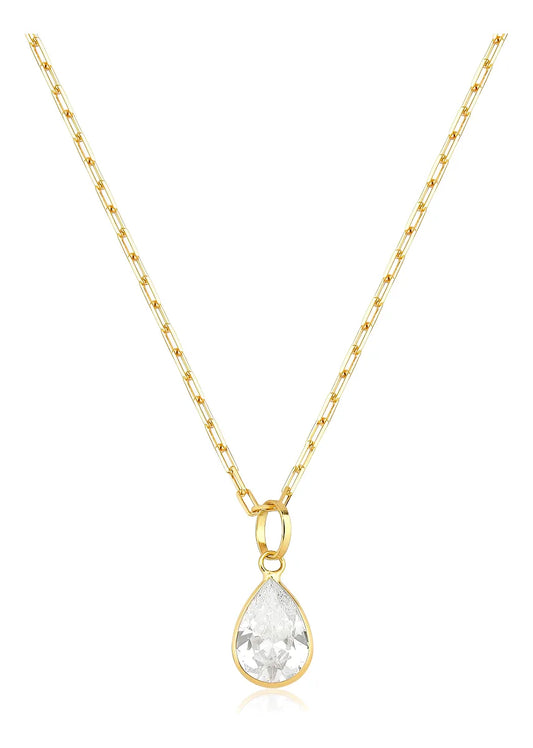 Colar De Ouro 18k Elos Longos Com Ponto De Luz Gota E 45cm Cor Branco