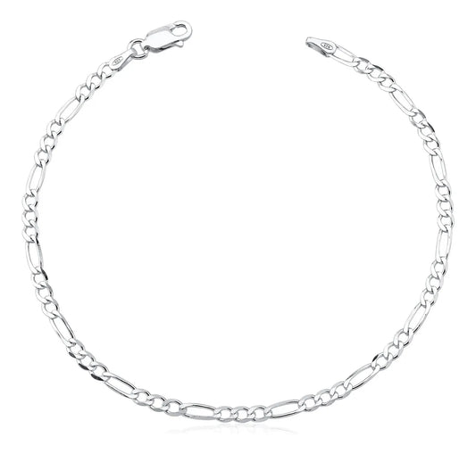 Pulseira Masculina De Prata 925 Italiana Fígaro 3x1 - 3mm - 21 Cm